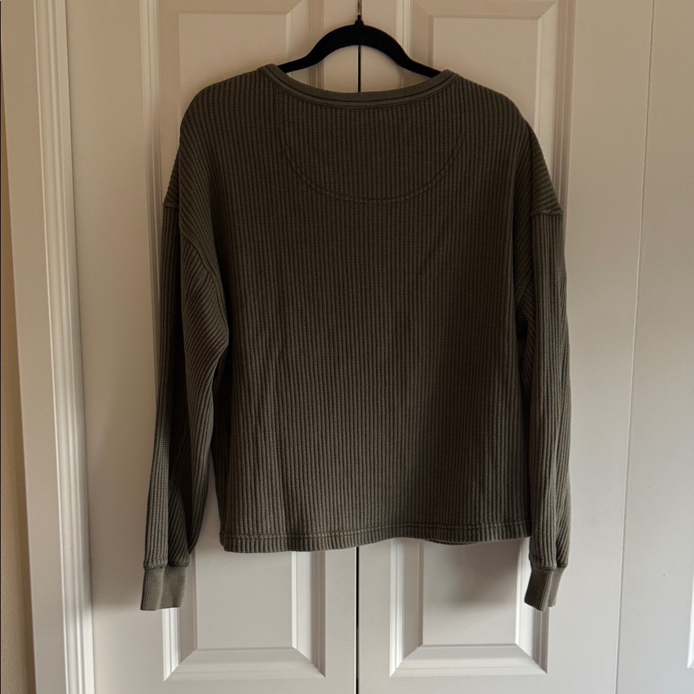 Aerie Waffle Henley Sweatshirt, Olive Green - Picture 3 of 4